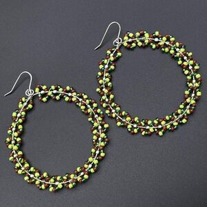 Silver Wire Wrapped Multicolored Beaded Round Wreath Dangling Hook Earrings